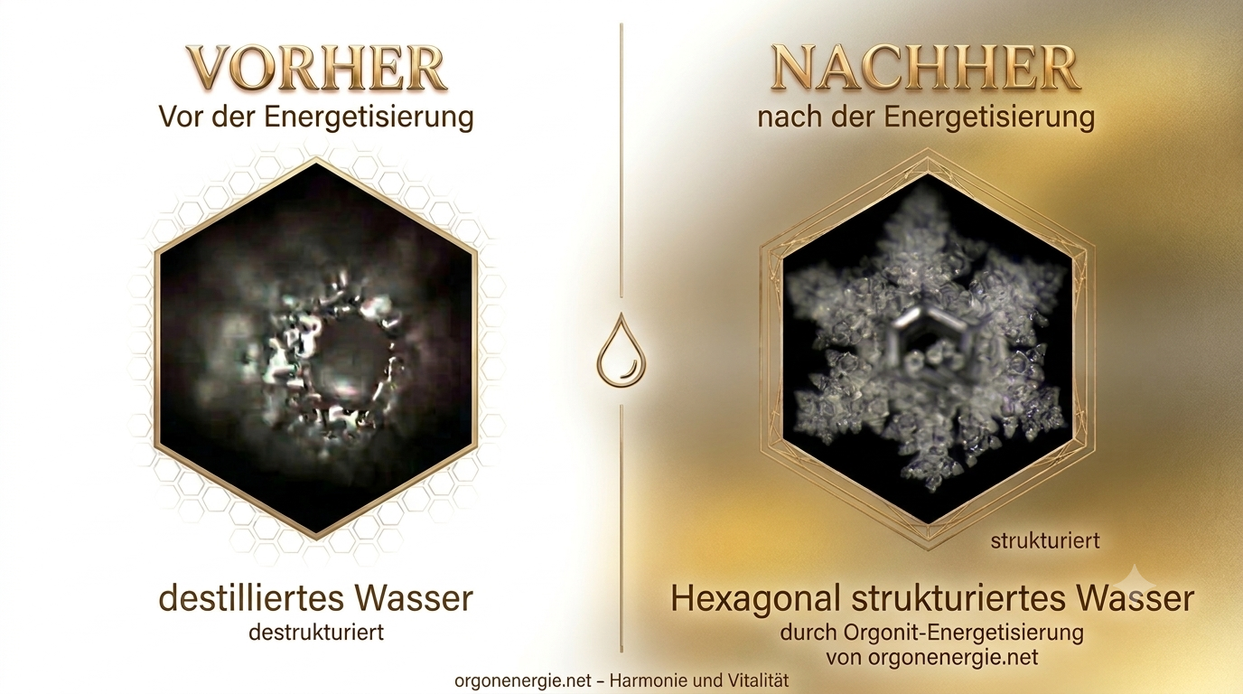 Wasserkristall-Aufnahme: destilliertes Wasser vor und nach der Energetisierung mit Orgonit von OrgonEnergie.net